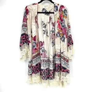 Umgee Open Front 3/4 Sleeve Kimono Top Womens Sz M/L Multicolor Floral Lace Trim